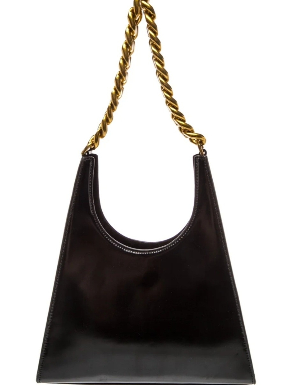 Staud Rey Black Patent Leather Shoulder Bag with Gold Chain
